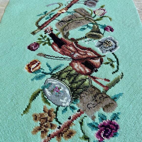 Vintage Finished Needlepoint with Music Violin and Floral Garland Design - Picture 11 of 11